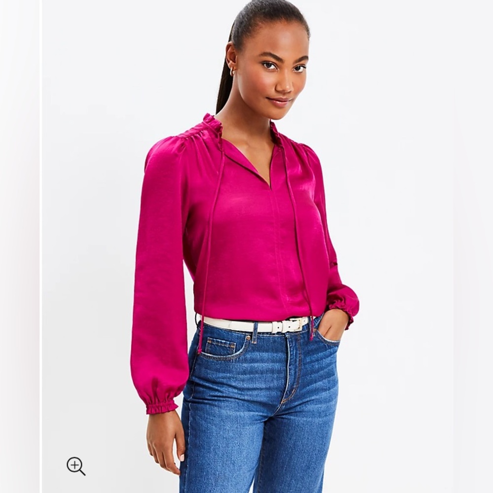 LOFT NWT Ruffle Tie Neck Mixed Media Blouse‎ - Fresh Magenta